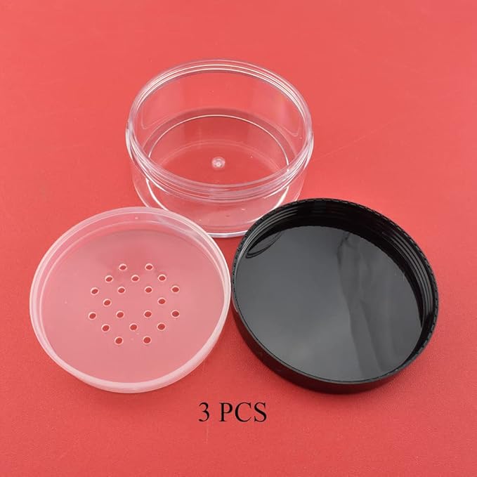 HAHIYO 3Pcs 30ml/1oz Plastic Empty Travel Compact Case Makeup Cosmetic Jar Refillable Powder Box No Leak Holder with Common Sifter and Black Screw Lid
