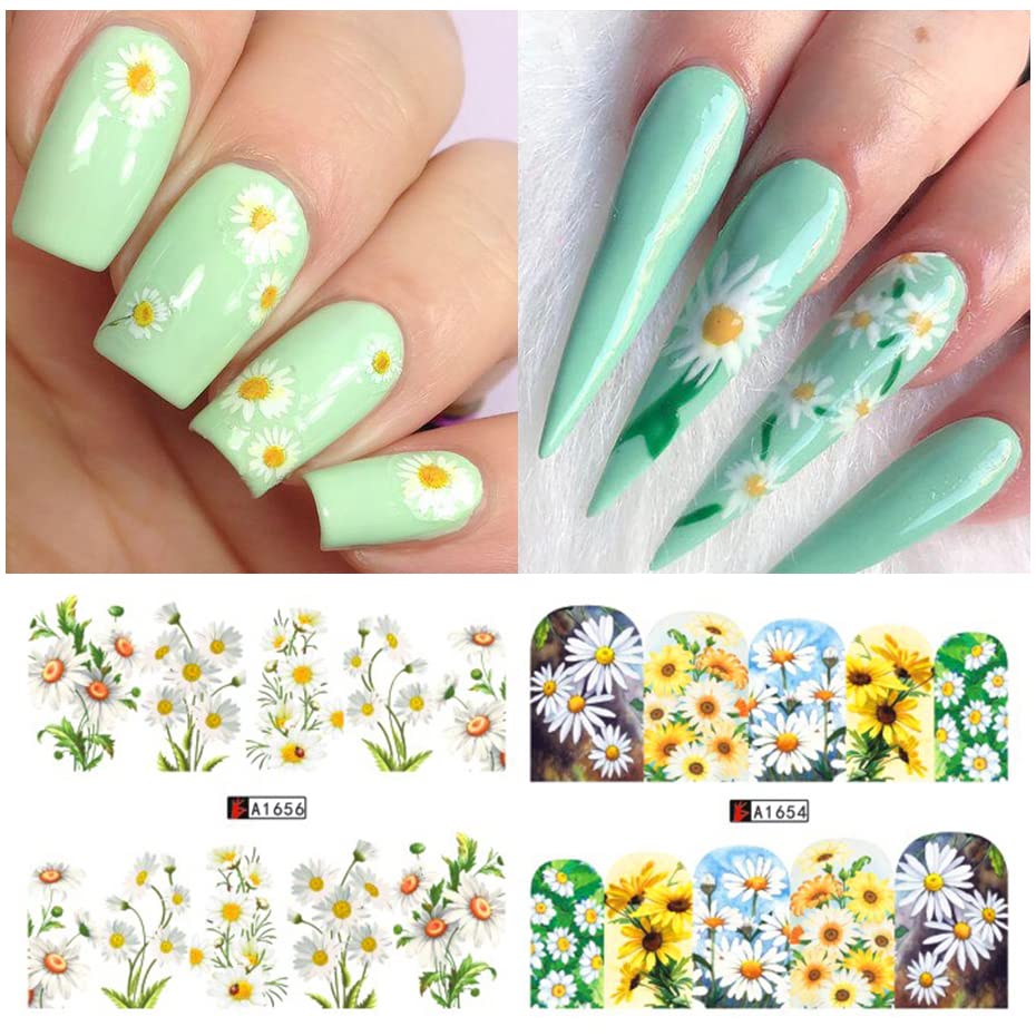 Daisy Nail Art Stickers Decals, 12 Sheets Flower Designs Water Transfer Nails Foils Spring Summer Daisy Nail Art Supplies Watermark Slider Nail Stickers Manicure DIY Decorations for Women