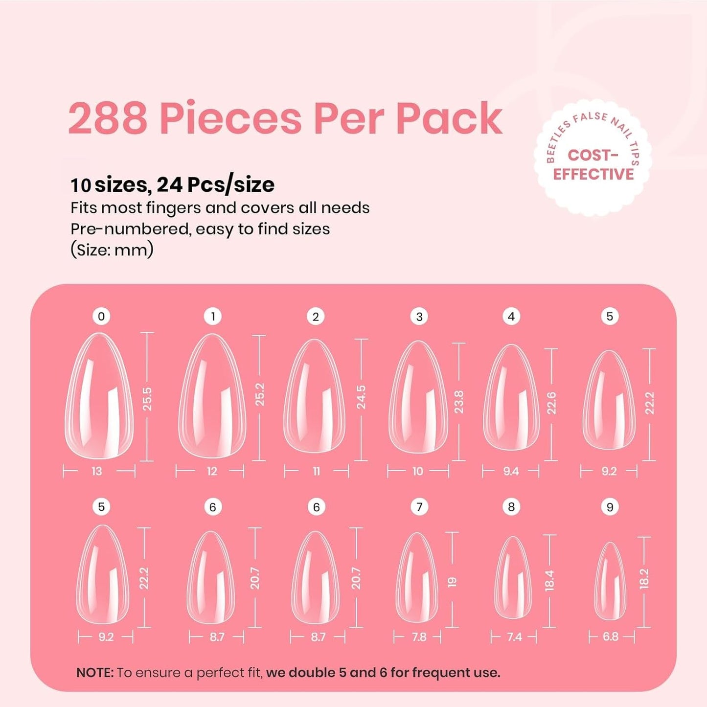 Beetles Gel Nail Tips Clear, Almond Medium, 288Pcs 10 Sizes, Pre-shaped Full Cover Soft Acrylic False Press On Nail Tips Almond Shape Easy Home DIY Fall Fake Nail Extension Art Salon Gift for Women