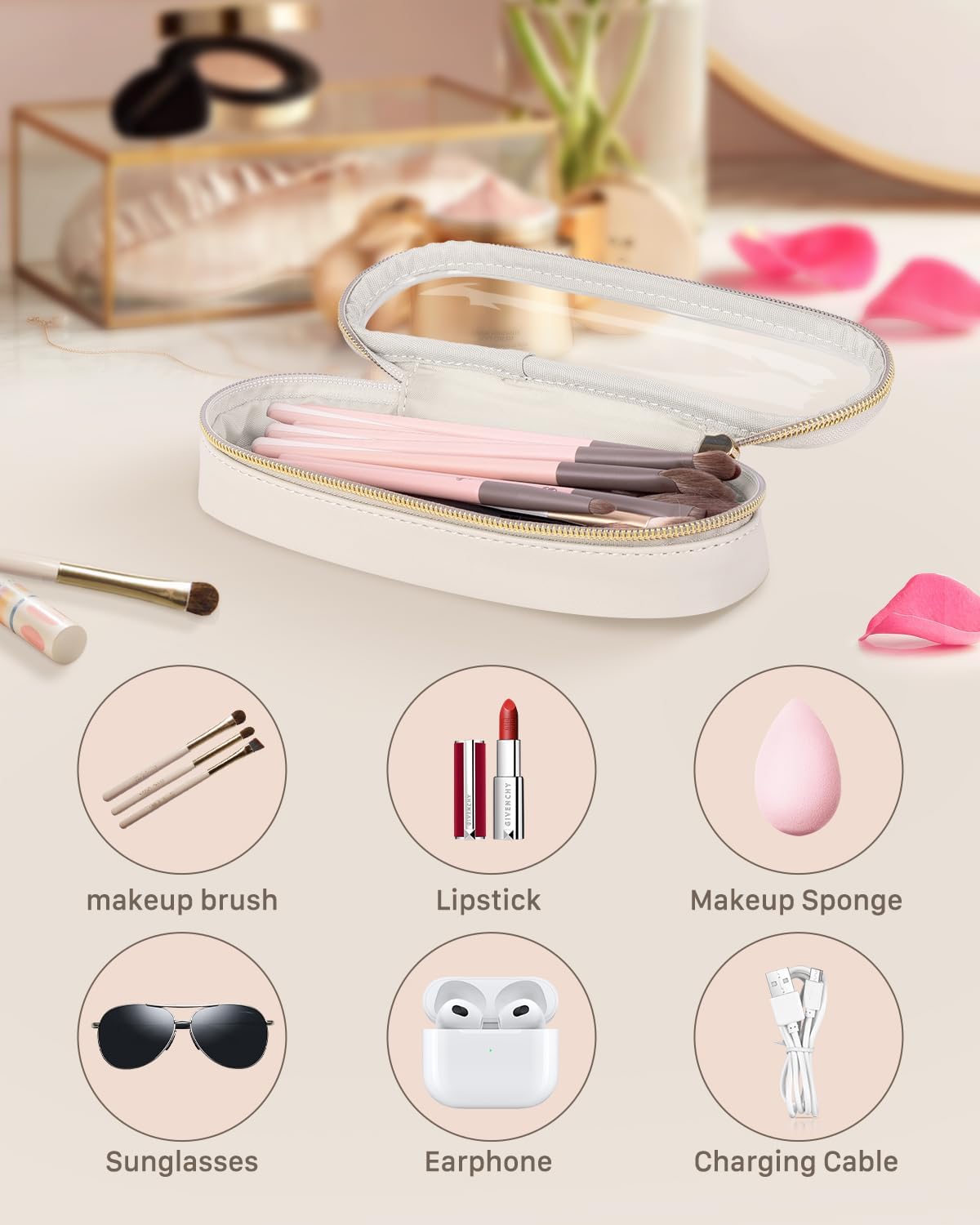 Clear Travel Makeup Brush Holder, Leather Makeup Brush Toiletry Bag, Portable Cosmetic Brush Case, Transparent Waterproof Makeup Brush Storage Bag, White, Large