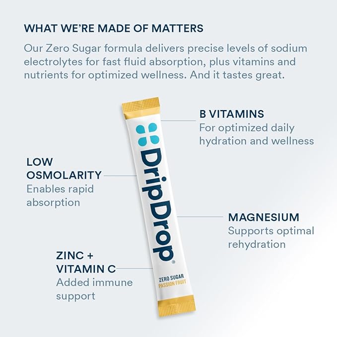 DripDrop Sugar Free Hydration Packets - Zero Passion Fruit - Single Serve Electrolytes Powder Drink Mix - Non-GMO, Gluten Free, Vegan - 32 Sticks