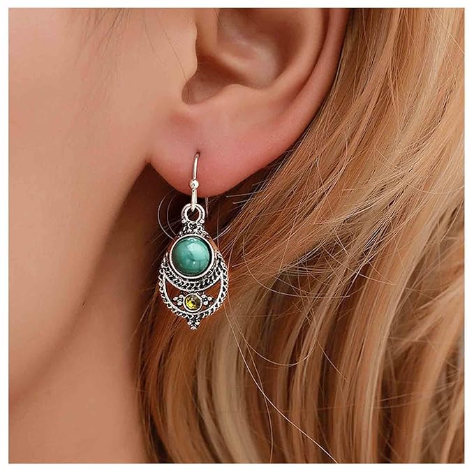 Boho Ethnic Turquoise Drop Earrings Silver Teardrop Turquoise Earrings Gemstone Hook Earrings Retro Drop Dangle Earrings Jewelry for Women and Girls