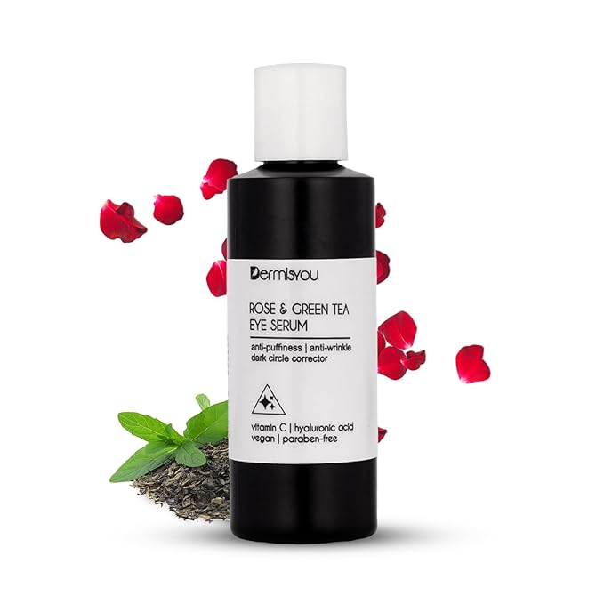Eye Serum Anti Aging Rose and Green Tea 1.33 OZ with Hyaluronic Acid, Vitamin C and E Anti Puffiness, Anti Wrinkle, Dark Circles Skin Care Products (PACKAGING MAY VARY)