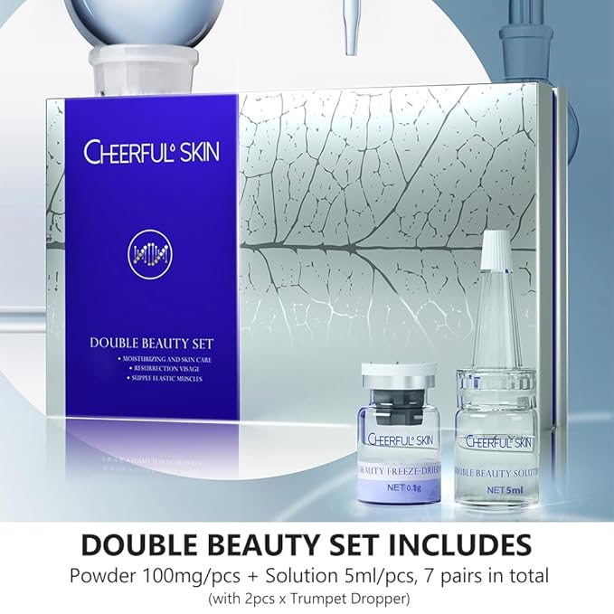Cheerful Skin Double Beauty Set, Anti Oxidation & Aging Freeze-Dried Powder for 7 days Firming Lightening Fine Lines, Includes 7 Pairs of Powder 100mg+Solution 5ml Set, 2 Droppers