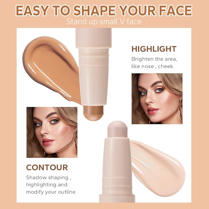 Double head contour stick, Highlight & Contour Bronzer Stick, durable and waterproof contour stick set, facial makeup contour face cream(01#Bronzer contour and glow sticks) ﻿