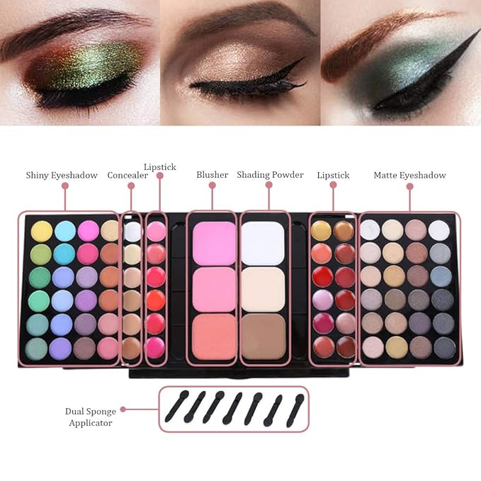 78 Color Makeup Palettes Kit, with 48 Pigmented Shiny Matte Eyeshadow Palette Colorful, 18 Lipstick, 6 Concealer, Blusher, Shading Powder, Dual Sides Sponge Applicators, Cosmetics Gift Set