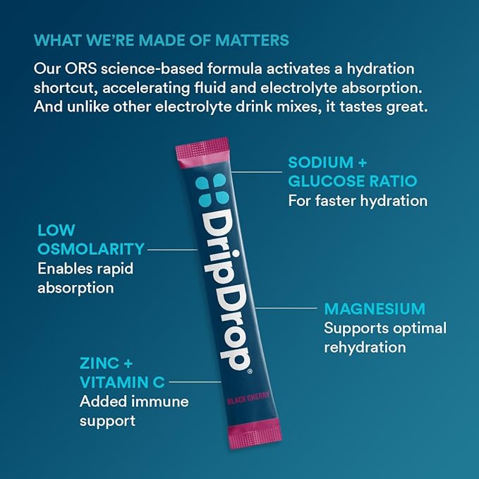 DripDrop Hydration Packets - Sunburst Variety Pack - Single Serve Electrolytes Powder Drink Mix - Lemon Lime, Strawberry, Peach, Black Cherry - Non-GMO, Gluten Free, Vegan - 32 Sticks