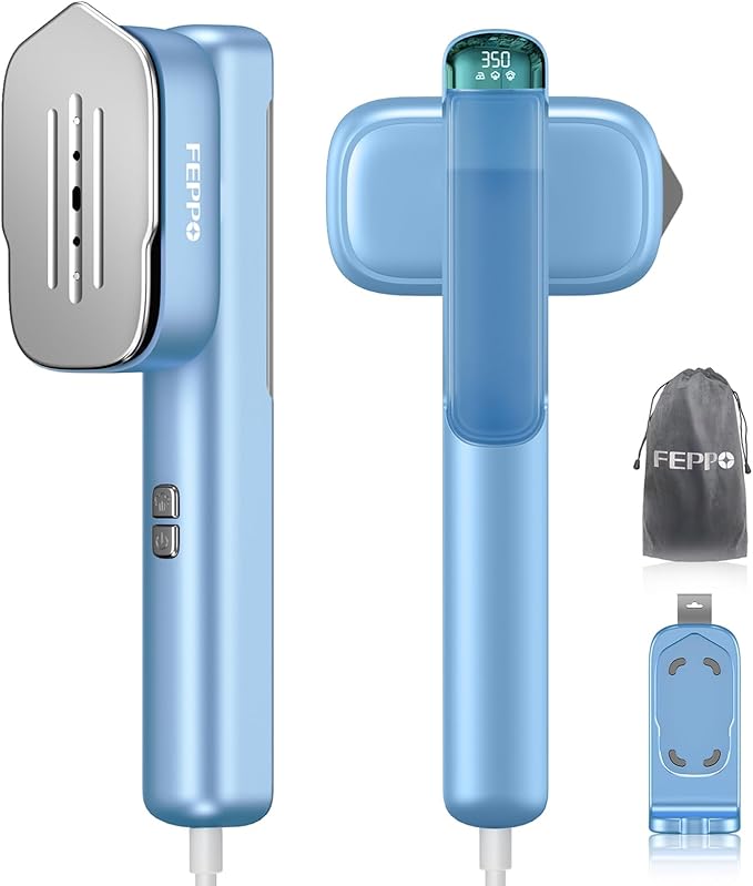 FEPPO Travel Steamer for Clothes, 110-240V Dual Voltage Portable Mini Steamer & Iron 2in1, 1100W Powerful Garment Steamer, Fast Heat Up, Travel Size, HD Display, for Home & Global & Europe Travel
