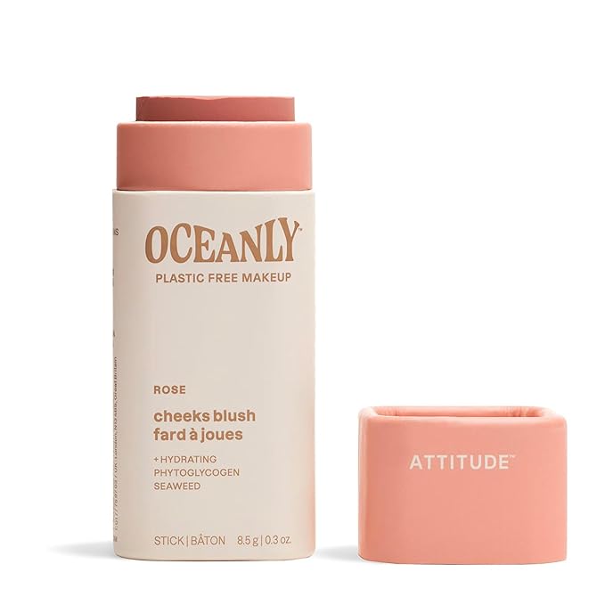 ATTITUDE Oceanly Lightweight Blush Stick, Titanium Dioxide-Free, EWG Verified, Plastic-Free, Vegan & Cruelty-free Makeup, Rose, 0.3 Ounces