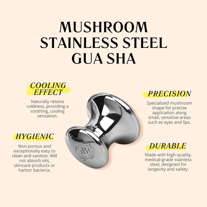 Blumenes - Mushroom Gua Sha Tool - Stainless Steel Massage Tool for Face & Body - Cold & Heat Retention for Relaxing Spa Experience - Durable Stainless Gua Sha for Enhanced Skincare Routine