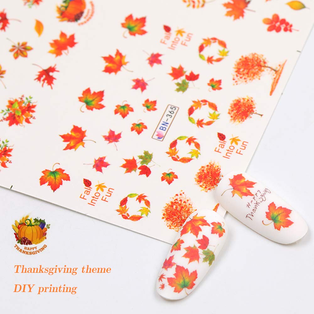 Fall Nail Stickers Autumn Maple Leaf Nail Art Decals Thanksgiving Day Water Decal Transfer Slider Set Turkey Pumpkin Nail Art Foil Stickers Nail Supplies Accessories Decoration Manicure Tips 12 Design
