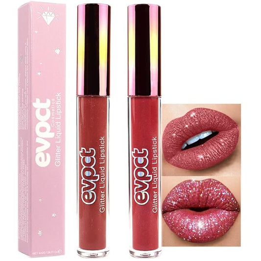 eevpct 2Pcs Mauve Red & Wine Red Matte to Glitter Liquid Lipstick Set Kit for Women Long Lasting Glossy Metallic Shimmer Sparkle Lipstick Lip Gloss 2+6