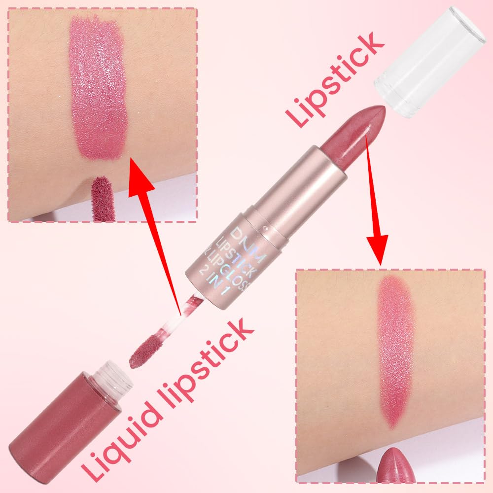 evpct 2 in 1 Natural Nude Pink Glitter Metallic Shimmer Diamond Lipstick and Lip Gloss Set for Women Long Lasting Waterproof, Warm Rose Pink Sparkle Glitter Shiny Lipstick and Lip Liner Makeup Set, 05