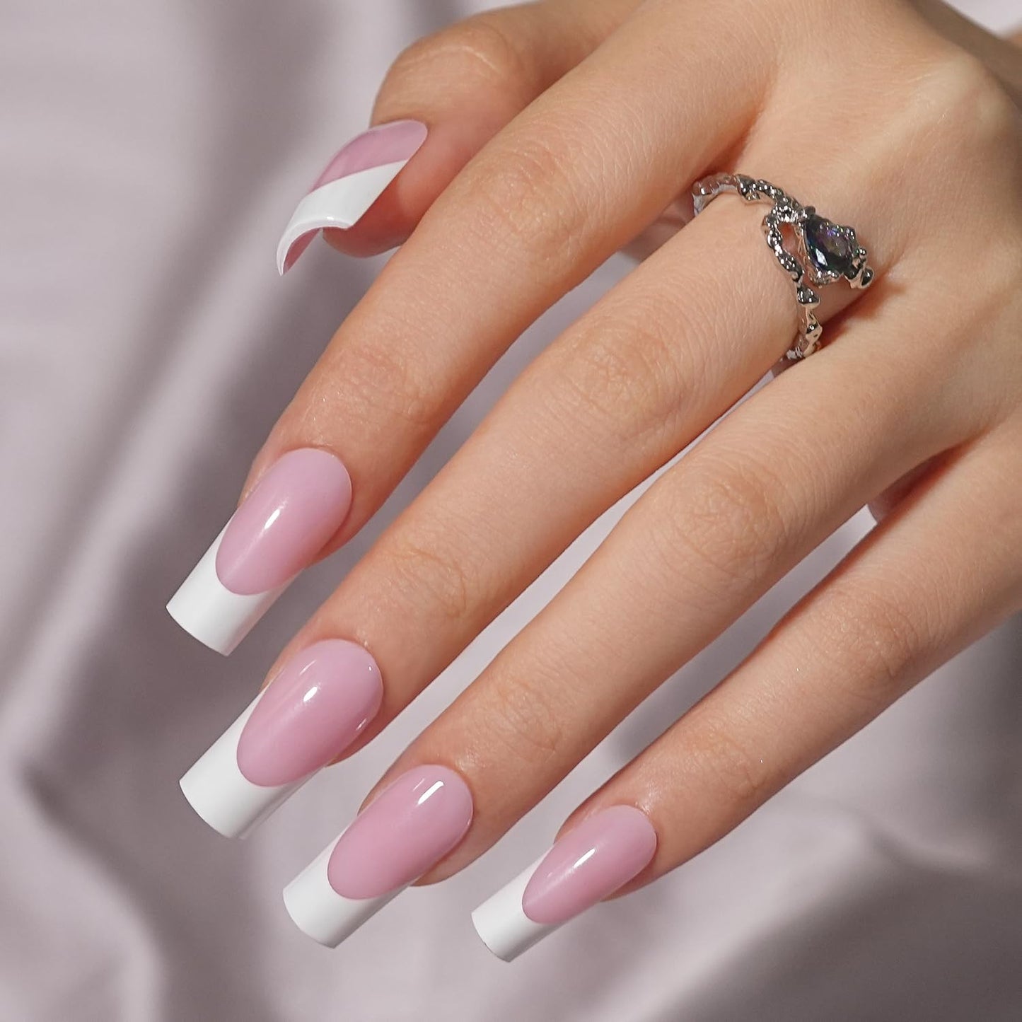 French Gel Nail Tips - Jofay Fashion French Tip Press on Nails, 10-Piece Set 320Pcs Pink long Square Nail Tips, No Need to File 3 in 1 Acrylic Fake Nails for Nail Art DIY & Nail Extension, 16 Sizes