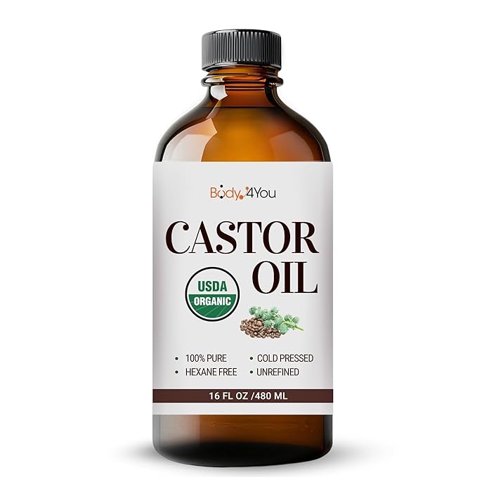BodyJ4You Castor Oil for Eyelashes Eyebrows - 100% Pure Natural USDA Organic Cold Pressed - Hydrating Skin Hair Growth Oil Lashes Scalp - Non-GMO Hexane Free Unrefined Carrier - Glass Bottle 16 Fl Oz