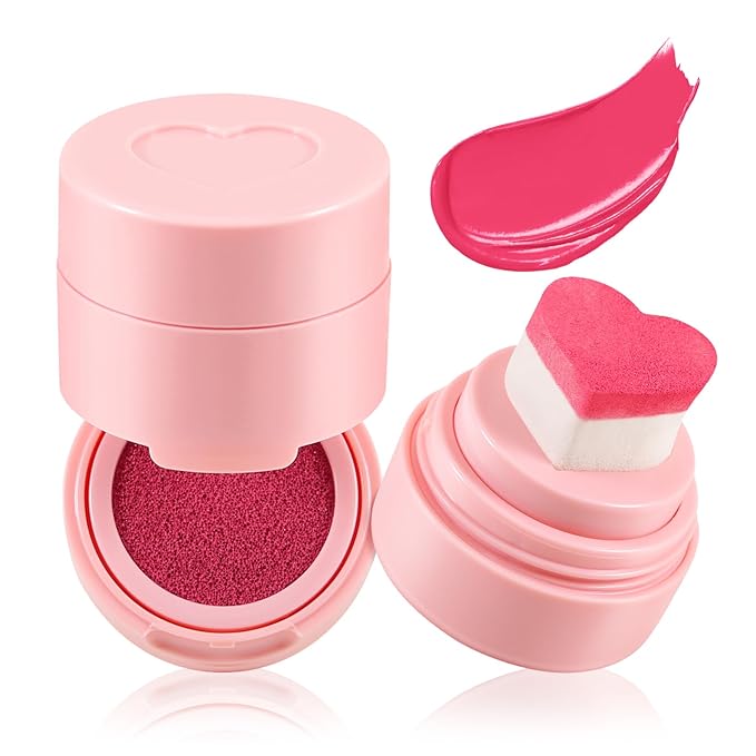 Boobeen Liquid Blush for Cheeks, Buildable & Blendable Face Blusher, Cheek Stamp Blush with Heart-shaped Applicator, Lightweight Air Cushion Blush for Velvet Matte Finish