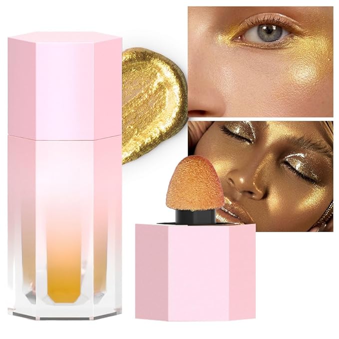 evpct Gold Highlighter Makeup Liquid, Gold Glitter Iridescent Face Festival Highlighter Makeup Waterproof Long Lasting Halographic Shimmer Shimmery Body Highlighter Makeup Palette Stick Illuminators