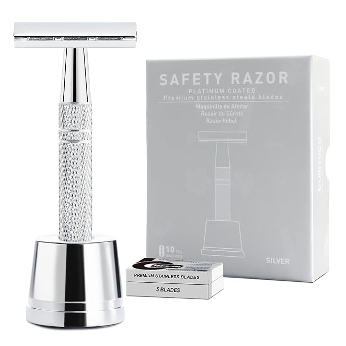 Double Edge Safety Razor with Stand, Single Blade Razors for Men and Women, Metal 1 Blade Razor, with 10 Platinum Coated Stainless Steel Double Edge Blades, Smooth and Close Shave, Silver