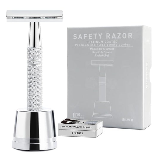 Double Edge Safety Razor with Stand, Single Blade Razors for Men and Women, Metal 1 Blade Razor, with 10 Platinum Coated Stainless Steel Double Edge Blades, Smooth and Close Shave, Silver