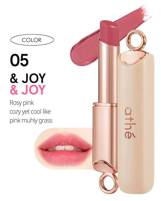 ATHÉ Authentic Airy Lip Balm 05 &JOY, Korean Vegan Color Lip Blam, Flake-Free Slim Fit Lips, Silky Powdery Finish & Air-like Blurring with Vibrant Colors, 0.11oz.