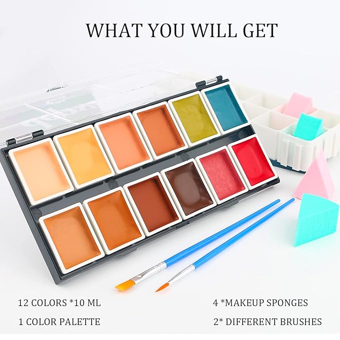 Depvision SFX 12 Color Flesh Tone Alcohol Activated Makeup Palette for Special Effects,Waterproof Skin Tone FX Makeup for Professional Makeup Artists Cosplay Halloween Theatrical Makeup