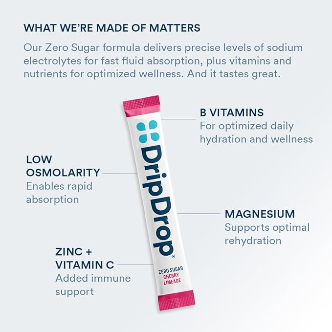 DripDrop Sugar Free Hydration Packets - Zero Citrus Variety Pack - Single Serve Electrolytes Powder Drink Mix - Cherry Limeade, Citrus, Orange, Strawberry Lemonade - Non-GMO, Gluten Free - 32 Sticks