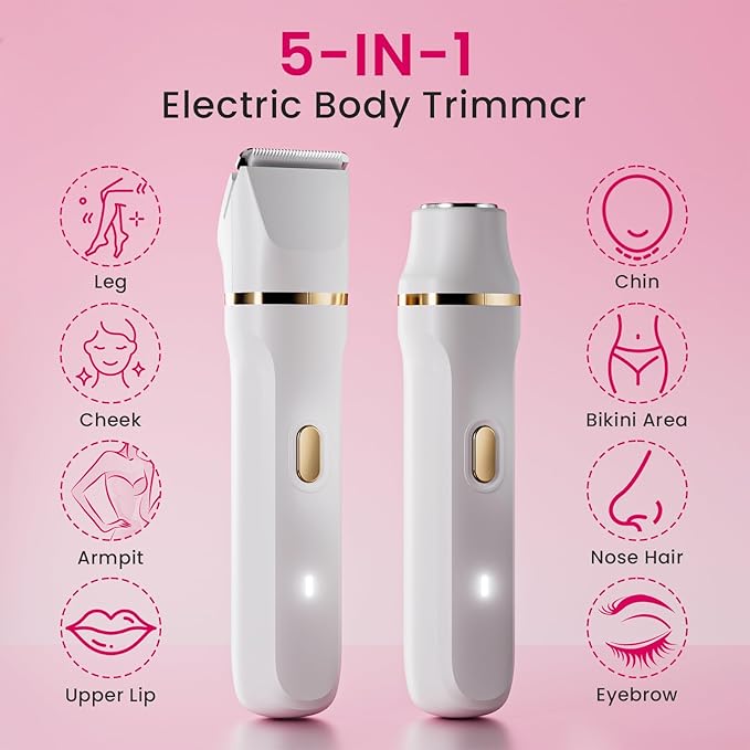 Electric Razors for Women, 5-in-1 Wet/Dry Bikini Trimmer with USB Charge Dock, Deluxe Facial Hair Removal, Wet/Dry Body Shaver for Nose Eyebrows Beard Underarm Leg Arm, IPX7 Waterproof (White)