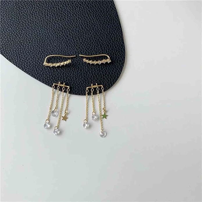 Boho Star Ear Jacket Earrings Gold Cz Star Ear Climber Earrings Crystal Chain Tassel Earrings Crystal Ear Crawler Long Chain Earrings Jewelry for Women and Girls Gifts