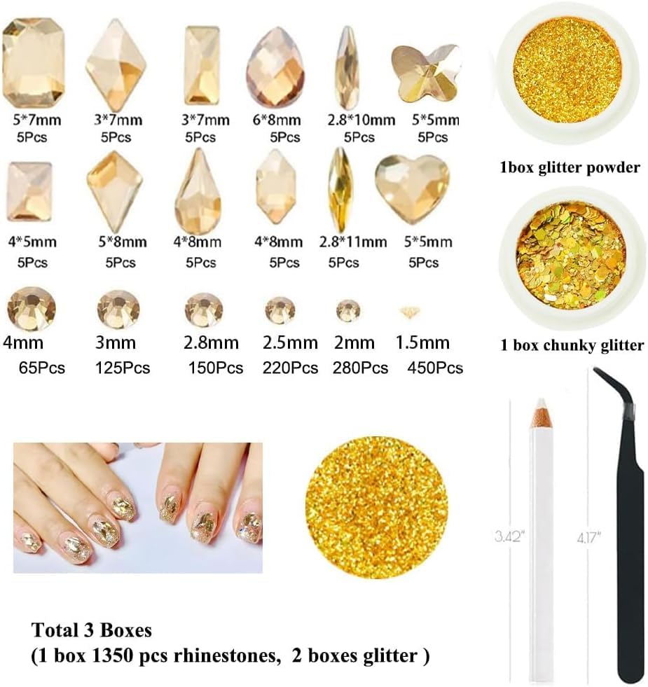 3 Boxes Champagne Gold Nail Rhinestones with Fine Glitters Kit, 60Pcs Big Glass Nail Gems with S6-S16 Flatback Round Stones,Crystals Nail Gem Stones for Faces Body DIY Crafts