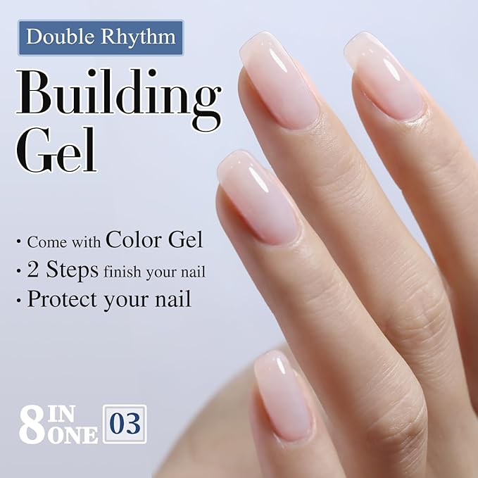 Double Rhythm 0.52 Oz Rubber Gel Polish Nail Strengthener Builder in a Bottle for Thickening Extension Hard Structure Glue (Nude Pink 8 in 1-3)