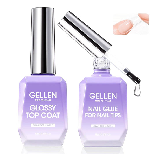 Gellen 4 in 1 Nail Glue Gel and No Wipe Gel Top Coat for False Nail Tips & Acrylic Nails & Clear Press on Nails, 18ML Long Lasting Nail Gel Kit, Home Salon Manicure Set
