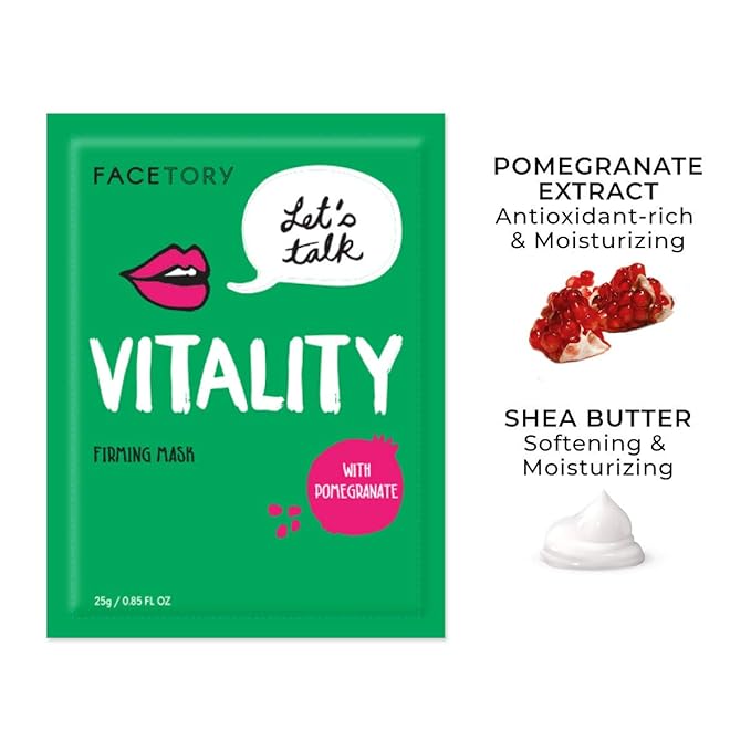 FACETORY K Beauty Face Mask Skin Care - LET'S TALK VITALITY FIRMING Sheet Mask with Pomegranate & Shea Butter | Firming Mask with Antioxidants, Plump & Hydrate (5 Pack)