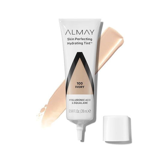 Almay Hydrating Liquid Foundation Tint, Lightweight with Light Coverage, Naturally Dewy Finish, Hypoallergenic, Dermatologist TestedFragrance Free, 100 Ivory, 0.94 fl oz.