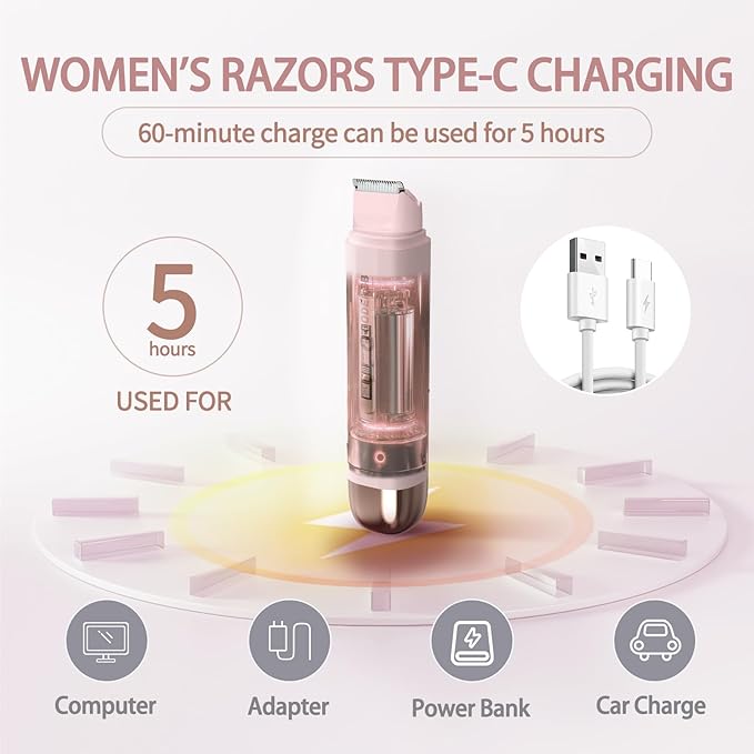 Bikini Trimmer for Women, Waterproof Electric Bikini Shaver Cordless Recharge Razors for Women for Leg Bikini Area Face Armpit & Body Trimming, Ideal Gifts for Ladies - Pink