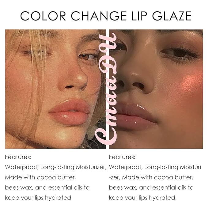 BINGBRUSH 2 Pcs Color Changing Lip Gloss Lip Oil Tinted, Pink Magic Mood Lipstick,Temperature Color Change Lip Stain Lip Balm, Longlasting Lips Will Not Dry Out
