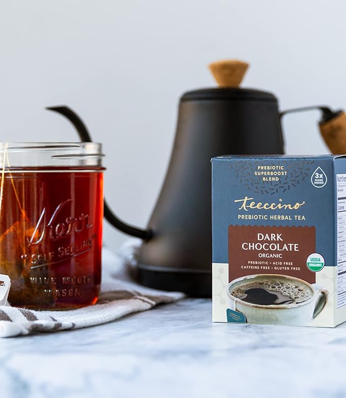 Teeccino Dark Chocolate - Prebiotic SuperBoost™ Herbal Tea - Support Your Probiotics with Prebiotics For Good Gut Health and Regularity, Digestive Chocolate Tea, 10 Tea Bags