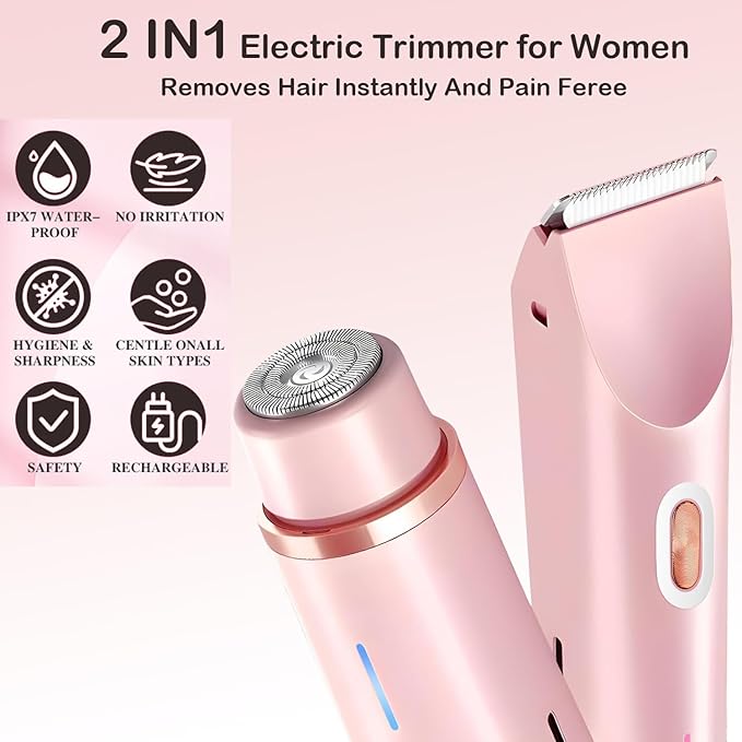 Bikini Trimmer for Women, 2 in 1 Dual Head Bikini Shaver, IPX7 Waterproof Wet and Dry Dual Use Eletctric Razors, USB-C Rechagreable Body Shaver for Public Hair, Silk Skin, Facial and Body