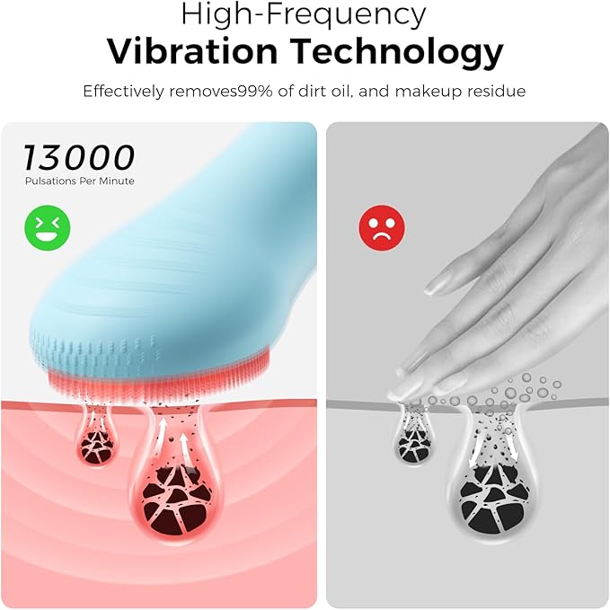 Facial Cleansing Brush: Rechargeable LED Electric Face Cleansing Brush with 4 Gentle Light Liquid Silicone Modes Face Scrubber Exfoliator,IPX7 Waterproof Ideal Gift for Men and Women-Blue