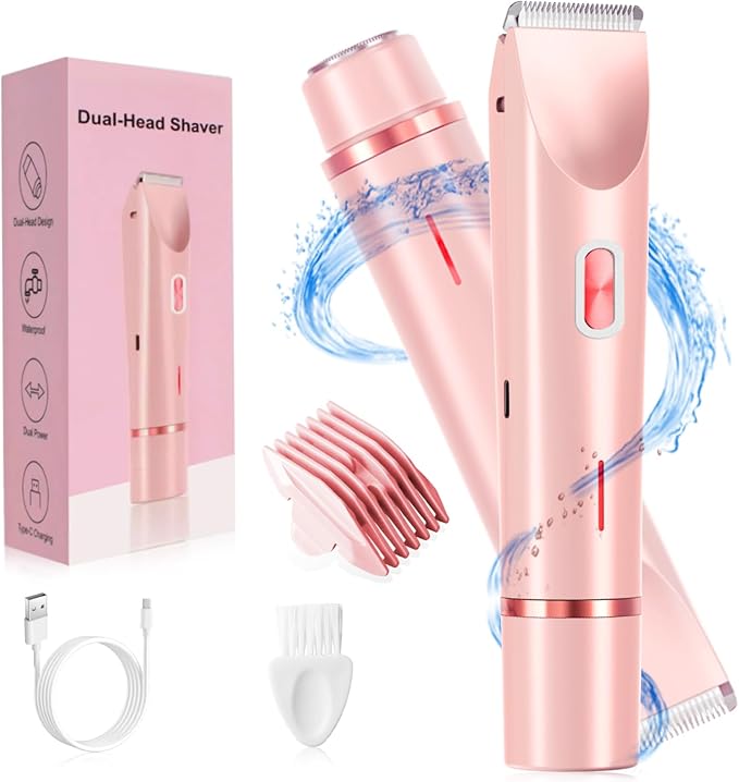 Electric Bikini Trimmer for Women, 2-in-1 Hair Shaver and Epilator, Waterproof Wet/Dry Lady Shaver（Pink）