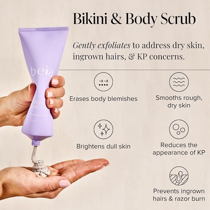 Beia Bikini & Body Scrub - Gentle Exfoliating Body Scrub with Glycolic Acid & Rice Extract - Fights Ingrown Hairs KP Bumps & Dry Skin - Hydrating & Soothing for Sensitive Skin 7.6 Oz