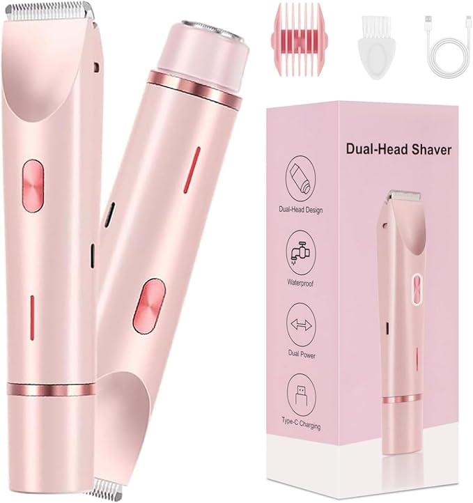 Dermave Bikini Shaver,2 in 1 Dual Head Bikini Trimmer & Body Shaver, Painless Hair Removal with Silky Glow Finish, Cordless & Waterproof Electric Trimmer for Women,Pink