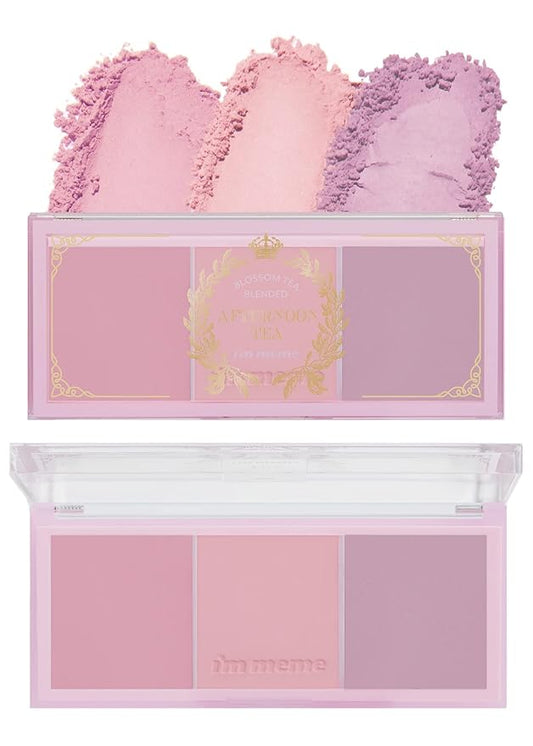 I'm Meme Palette - Afternoon Tea Blusher | Blossom Tea Blended, Cool Tone Blush for Cheek, Soft Pink, Peach, Lavender, 3 Shades Palette, Matte Powder Blush for Face&Cheeks, 0.4oz
