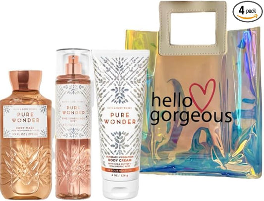 Bath & Body Works - 3 Piece Bundle - Spray - Body Cream - Shower Gel - Full Size and Gift Bag HELLO GORGEOUS (Pure Wonder)