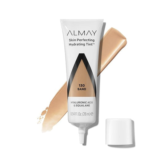 Almay Hydrating Liquid Foundation Tint, Lightweight with Light Coverage, Naturally Dewy Finish, Hypoallergenic, Dermatologist TestedFragrance Free, 130 Sand, 0.94 fl oz.
