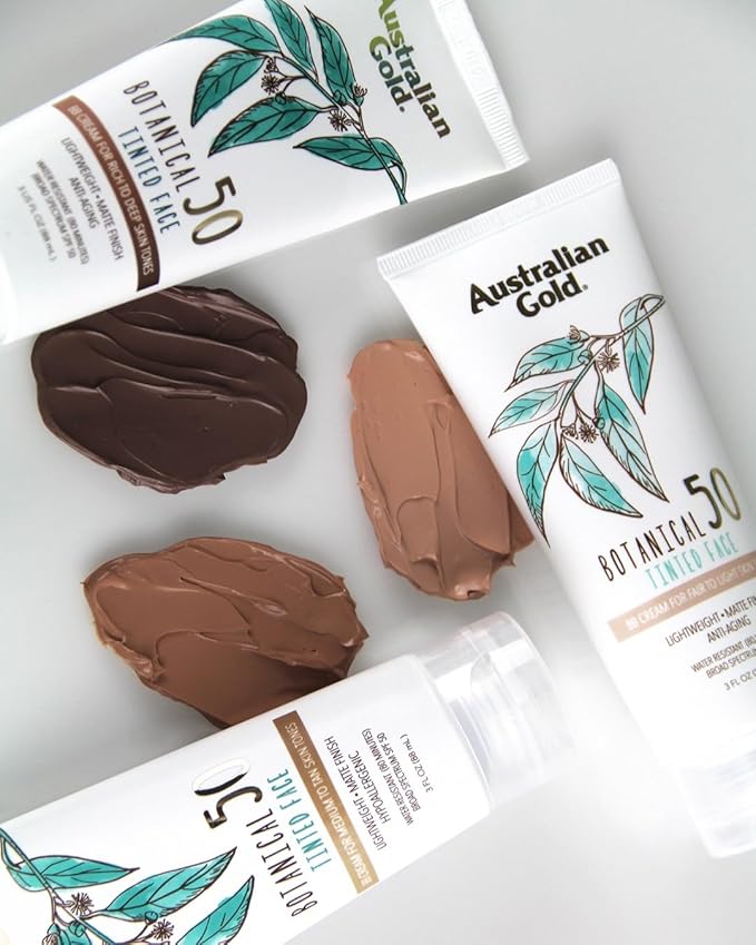 Australian Gold Botanical SPF 50 Tinted Mineral Sunscreen for Face, Non-Chemical BB Cream, Water-Resistant, Matte Finish, For Sensitive Facial Skin, Medium to Tan Skin Tones, 3 FL Oz