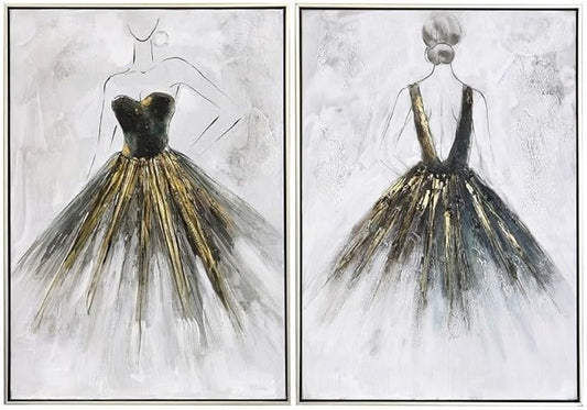 Ballet Lady - Hand Painted Canvas - Muted Color Palette - Silver, Black Frame - Set of 2