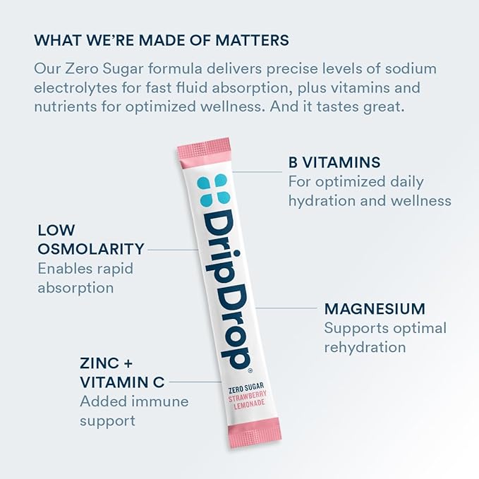 DripDrop Sugar Free Hydration Packets - Zero Strawberry Lemonade - Single Serve Electrolytes Powder Drink Mix - Non-GMO, Gluten Free, Vegan - 32 Sticks