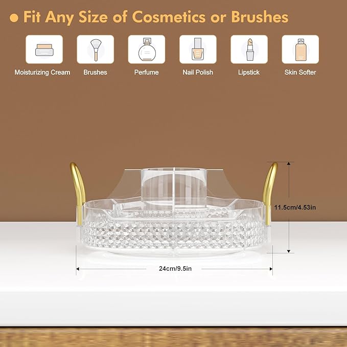 Awenia Rotating Makeup Organizer 360, Stackable Adjustable Large Capacity Cosmetic Storage Unit,Dresser Bathroom Kitchen Countertop Organizer with Metal Handle, Plus Size (Clear, 1 Tier)