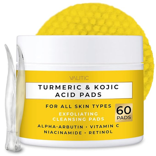 VALITIC Turmeric Kojic Acid Cleansing Pads - Exfoliating Dark Spot Remover for Face with Vitamin C, Alpha Arbutin, Niacinamide and Retinol - Kojic Acid And Turmeric Cleansing Pads - 60 Units