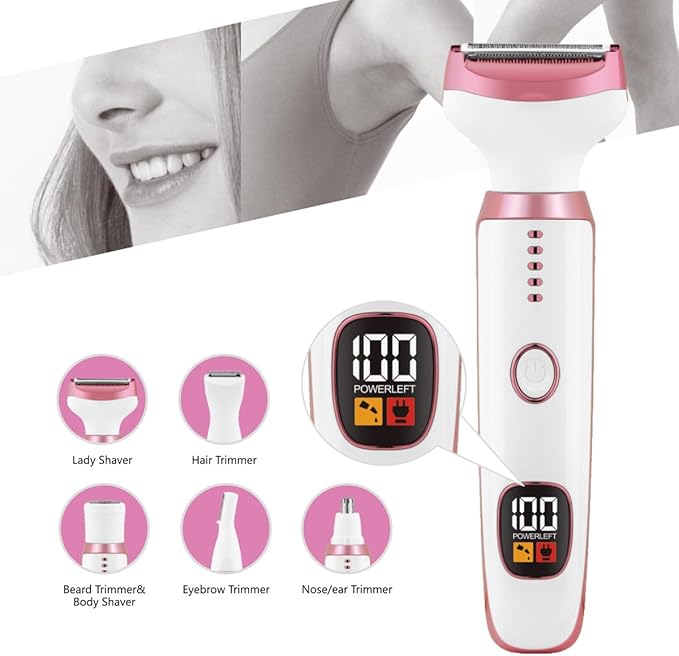 Electric Razors for Women, Bikini Trimmer for Women 5 in 1 Body Shaver for Nose Hair Face Eyebrow Arms Legs Armpit Underarm Pubic Area, Replaceable Lady Facial Razor Painless USB Charge Female Gift